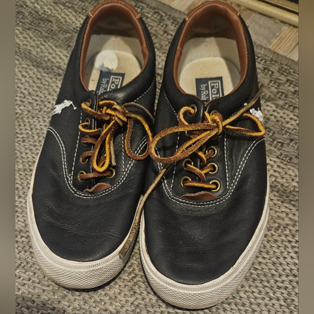 POLO RALPH LAUREN Vaughn Mens Black Leather White Pony Casual Shoes Size 7.5D